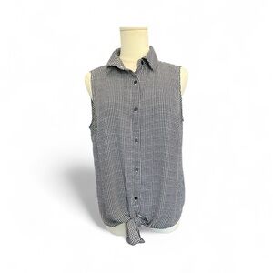 💙🤍 EUC ADRIANNA PAPELL Navy & White Checked Tie-Front Blouse | Sz S